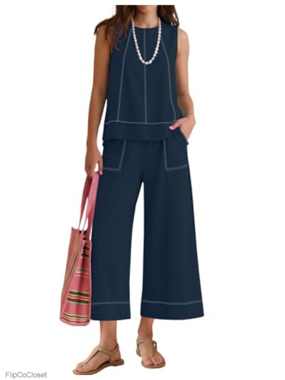 Women's Two Piece Pant Set Sleeveless Top Wide Leg Cropped Pants with Pockets